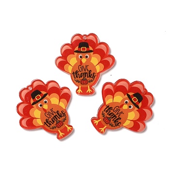 Thanksgiving Day Translucent Resin Pendants, Turkey Charms, Red, 43x40x2mm, Hole: 1.8mm