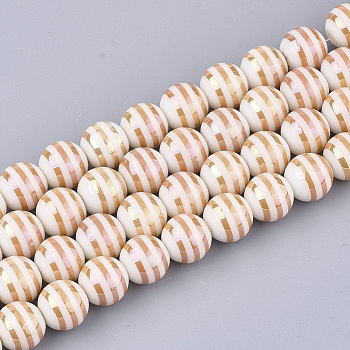 Electroplate Glass Beads Strands, Round with Stripe, Orange, 10x9.5mm, Hole: 1.2mm, about 30pcs/strand, 11.2 inch
