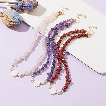 Natural Mixed Gemstone & Pearl & Shell Beaded Chains Necklace, 15.55~15.75 inch(39.5~40cm)