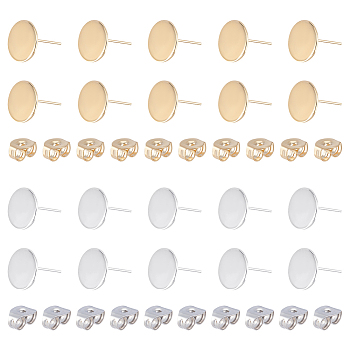 DICOSMETIC 20Pcs 2 Color 201 Stainless Steel Stud Earring Findings, with 316 Surgical Stainless Steel Pins and Vertical Loop, with 20Pcs 304 Stainless Steel Ear Nuts, Flat Round, Golden & Stainless Steel Color, 12mm, Hole: 2.5mm, Pin: 0.7mm, 10Pcs/color