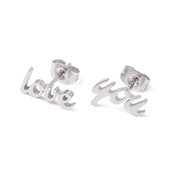 Word Love 304 Stainless Steel Stud Earrings for Women, Stainless Steel Color, 7x12mm, Pin: 0.7mm