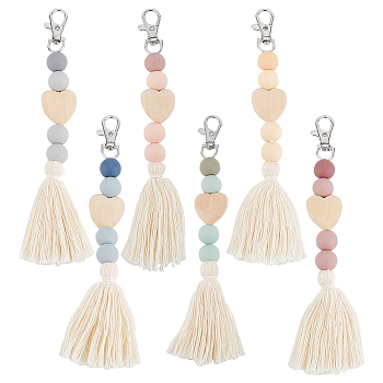 6Pcs 6 Colors Tassels Silicone Beaded Pendant Decoration, with Heart Wood Beads and Iron Swivel Clasps, for DIY Bag Accessories Decoration, Mixed Color, 180~185mm, 1pc/color