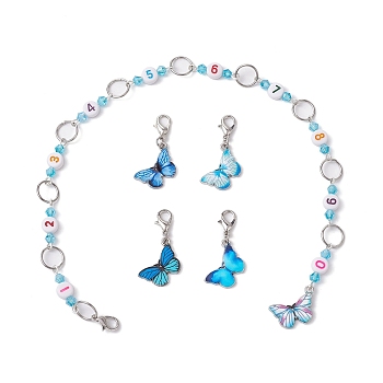 5Pcs Butterfly Alloy Enamel Pendant Knitting Row Counter Chains & Locking Stitch Markers Kits, Mixed Color, 3.3~31.6cm