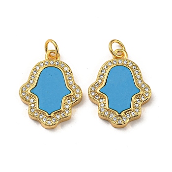 Brass Micro Pave Cubic Zirconia with Synthetic Turquoise Pendants, with Jump Rings, Real 18K Gold Plated, Hamsa Hand, 20.5x15.5x3mm, Hole: 3.5mm