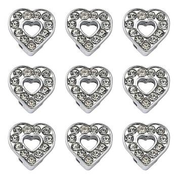 Alloy Heart Slide Charms with Grade A Rhinestones, Platinum, 12x12x5mm, Hole: 7x2mm