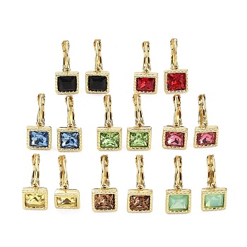 Glass Square Leverback Earrings, Golden 304 Stainless Steel Earrings, Mixed Color, 16x8.5mm