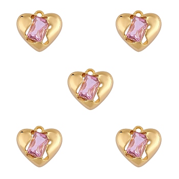 5 Pieces Heart Brass Charm with Pink Cubic Zirconia Valentine's Day Pendant Love Charm Pendant for Jewelry Earring Making Crafts, Golden, 11.5x10.5mm, Hole: 1.2mm