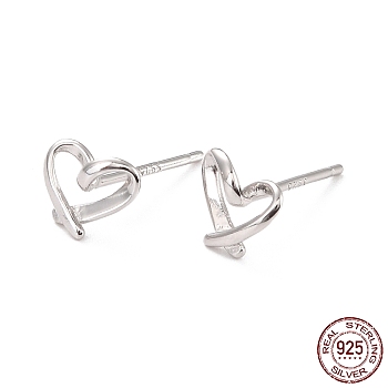 Open Heart Rhodium Plated 925 Sterling Silver Stud Earrings, Dainty Post Earrings for Girl Women, Platinum, 6x7mm, Pin: 1mm