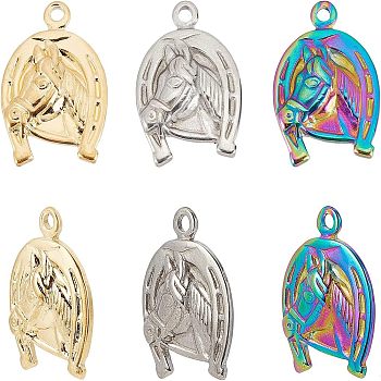 Unicraftale 6Pcs 2 Colors 304 Stainless Steel Pendants, Horse with Horseshoes, Mixed Color, 24.5x17x3mm, Hole: 2mm, 2pcs/color