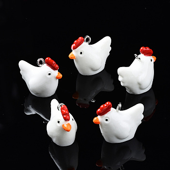 Opaque Resin Pendants, with Platinum Tone Iron Loop, 3D Chick, White, 19~20x23x13mm, Hole: 1.8mm