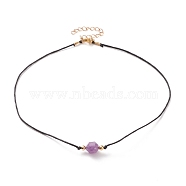 Faceted Natural Amethyst Pendant Necklaces, with Waxed Cotton Cords, Brass Round Beads and 304 Stainless Steel Lobster Claw Clasps, 15-1/8 inch(38.5cm)(NJEW-JN03230-03)