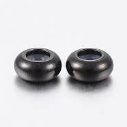 202 Stainless Steel Beads, with Plastic, Slider Beads, Stopper Beads, Rondelle, Electrophoresis Black, 7x3.5mm, Hole: 1mm(STAS-F148-7mm-07B)