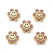 Rack Plating Brass Cubic Zirconia Beads, with Enamel, Real 18K Gold Plated, Long-Lasting Plated, Cadmium Free & Lead Free, Flower with Smiling Face, Camellia, 13x14x5mm, Hole: 1.5mm(KK-M232-01G-D)