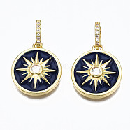 Brass Micro Pave Clear Cubic Zirconia Pendants,  Prussian Blue Enamel, Nickel Free, Flat Round with Star, Real 16K Gold Plated, 19x16x3.5mm, Hole: 3mm(ZIRC-N039-149-NF)