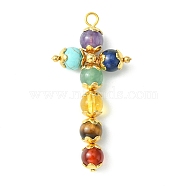 Chakra Gemstone Pendants, Cross Charms with Golden Plated 304 Stainless Steel and Brass Findings, Mixed Dyed and Undyed, 44.5x22x7.5mm, Hole: 2.5mm(PALLOY-TA00067)