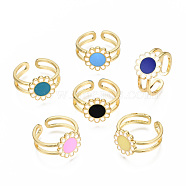 Brass Enamel Cuff Rings, Open Rings, Cadmium Free & Nickel Free & Lead Free, Flower, Real 16K Gold Plated, Mixed Color, US Size 6 3/4(17.1mm)(RJEW-S045-114-NR)