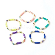 Handmade Polymer Clay Stretch Bracelets, with Millefiori Glass & Pearl & Brass Beads, Mixed Color, Inner Diameter: 2-1/8 inch(5.5cm)(BJEW-JB06351)