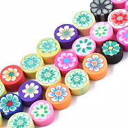 Handmade Polymer Clay Bead Strands, FLat Round with Flower, Mixed Color, 9~10x4~5mm, Hole: 1.6mm, about 40pcs/strand, 14.96 inch~15.35 inch(38~39cm)(CLAY-N006-78)