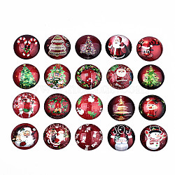 Glass Cabochons, Half Round with Christmas Themed Pattern, Red, 25x7.5mm, 20pcs/set(X-GGLA-S036-18B)