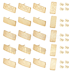 20Pcs 5 Style Ion Plating(IP) 304 Stainless Steel Stud Earring Finding, with Vertical Loops & 20Pcs Ear Nuts, Textured Rectangle, Golden, 20x8mm, Hole: 2.5mm, Pin: 0.8mm, 4Pcs/style(STAS-UN0045-96)
