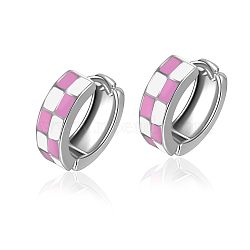 Tartan Design Alloy Enamel Hoop Earrings, Platinum, Pearl Pink, 15mm(FS-WG3E240-01)