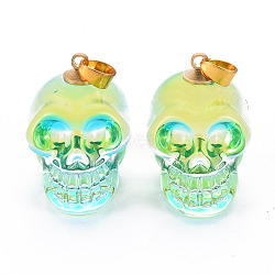 Electroplate K9 Glass Pendants, with Golden Plated Brass Bails, Skull, Halloween, Light Green, 25x26~27x19mm, Hole: 5x3mm(EGLA-N009-001-C03)
