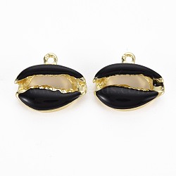 Rack Plating Alloy Pendants, with Enamel, Cadmium Free & Lead Free, Cowrie Shell, Light Gold, Black, 16.5x19x5.5mm, Hole: 1.6mm(PALLOY-S132-235J-RS)