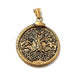 304 Stainless Steel Big Pendants, Flat Round with Tree of Life & Snake Charm , Antique Golden, 56x38.5x4mm, Hole: 9x5mm(STAS-D091-12AG)