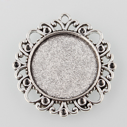 Tibetan Style Alloy Flower Pendant Cabochon Settings, Cadmium Free & Lead Free, Antique Silver, Tray: 25mm, Fit for 2mm Rhinestone, 41x38x3mm, Hole: 2mm(X-TIBEP-M022-46AS)