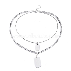 Non-Tarnish 304 Stainless Steel Double Layer Necklaces, with Box Chains & Curb Chains, Rectangle, Stainless Steel Color, 16.57 inch(42.1cm)(NJEW-M181-03P)