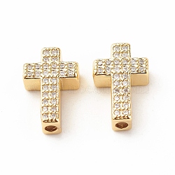 Rack Plating Brass Cubic Zirconia Beads, Cadmium Free & Lead Free, Real 18K Gold Plated, Cross, Clear, 15x9x4mm, Hole: 1.7mm(KK-B051-06G-01)