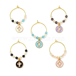 Flat Round with Cross Alloy Enamel Wine Glass Charms, with Glass Beads and Brass Wine Glass Charm Rings, Mixed Color, 46.5mm(AJEW-JO00205)