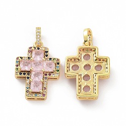 Brass Micro Pave Clear Cubic Zirconia Pendants, Cross, Religion, Pearl Pink, 24x17x5mm, Hole: 3.5x5~5.5mm(ZIRC-F135-24G-02A)