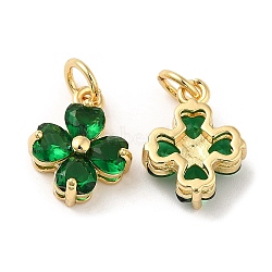 Brass Pendants, with Cubic Zirconia, Lead Free & Cadmium Free, Clover Charms, Real 18K Gold Plated, Green, 13x10x5mm, Hole: 3.4mm(KK-M249-35G-05)