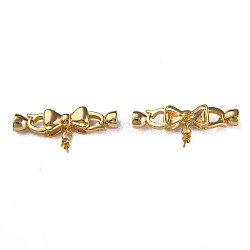 Brass Fold Over Clasps, for Half Drilled Bead, Nickel Free, Bowknot, Real 18K Gold Plated, 34mm(KK-N233-377)