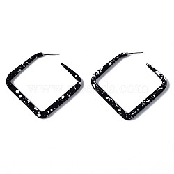 Spray Painted CCB Plastic Stud Earrings, Half Hoop Earrings, Rhombus, Silver, Black, 54.5x4.5mm, Pin: 0.7mm(EJEW-Q020-001B)