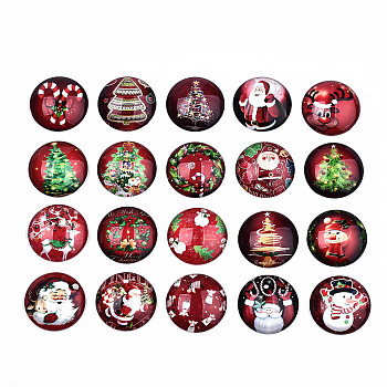 Glass Cabochons, Half Round with Christmas Themed Pattern, Red, 25x7.5mm, 20pcs/set