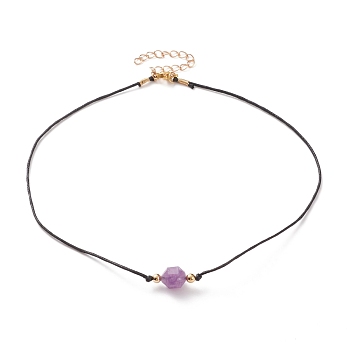 Faceted Natural Amethyst Pendant Necklaces, with Waxed Cotton Cords, Brass Round Beads and 304 Stainless Steel Lobster Claw Clasps, 15-1/8 inch(38.5cm)