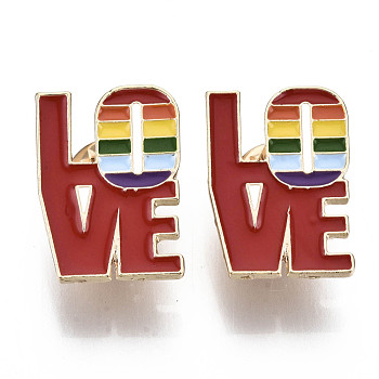Alloy Brooches, Enamel Pin, with Brass Butterfly Clutches, Word LOVE, Light Gold, Colorful, 24.5x17x2mm, Pin: 1mm