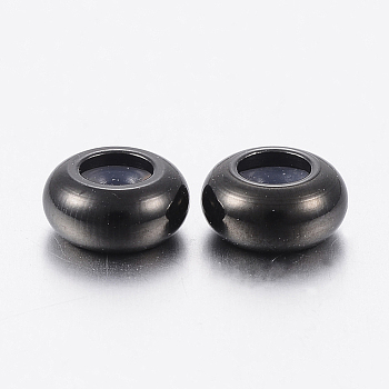 202 Stainless Steel Beads, with Plastic, Slider Beads, Stopper Beads, Rondelle, Electrophoresis Black, 7x3.5mm, Hole: 1mm