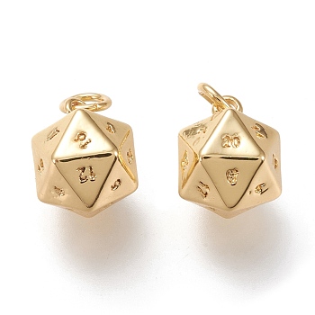 Brass Charms, with Jump Rings, Long-Lasting Plated, 20 Sided Dice Charm, Real 18K Gold Plated, 13.5x9.5x9.5mm, Hole: 3.2mm