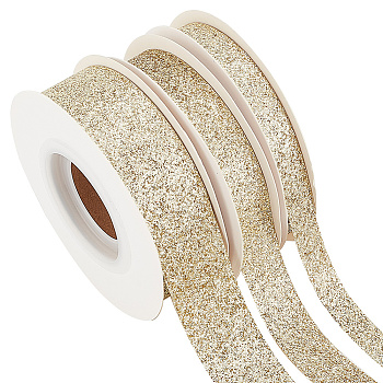 3 Rolls 3 Styles Sparkle Polyester Ribbons, Glitter Ribbon, Garment Accessories, Light Khaki, 3/8 inch(10mm), about 10.00 Yards(9.14m)/Roll, 1 roll/style