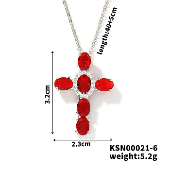 Brass Pave Cubic Zirconia Cross Pendant Necklaces, Western Style Jewelry for Women Men, Platinum, Red, 15.75 inch(40cm)