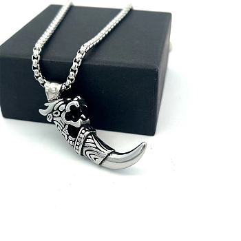 Vintage 304 Stainless Steel Wolf Tooth Shaped Pendant Necklaces for Men, Non-Tarnish, Stainless Steel Color, 23.62 inch(60cm)