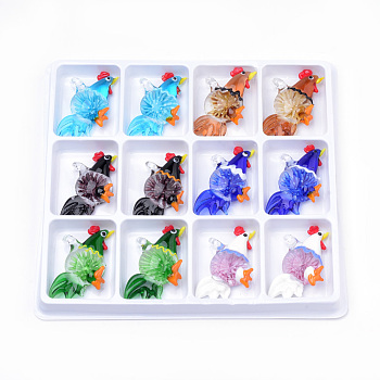 Handmade Lampwork Big Pendants, Inner Flower, Rooster, Mixed Color, 57~68x35~40x11~15mm, Hole: 6~8mm, 12pcs/box