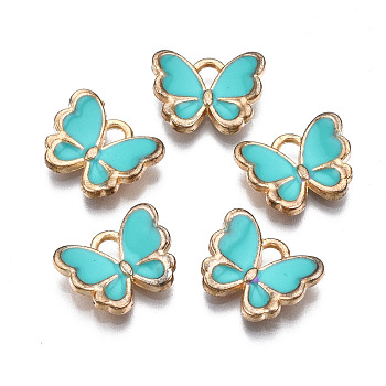 Alloy Enamel Charms, Butterfly, Light Gold, Dark Turquoise, 10.5x13x3mm, Hole: 2mm