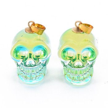Electroplate K9 Glass Pendants, with Golden Plated Brass Bails, Skull, Halloween, Light Green, 25x26~27x19mm, Hole: 5x3mm