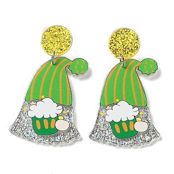 Saint Patrick's Day Sparkling Acrylic Dangle Stud Earrings, Gnome, Yellow Green, 60x30mm