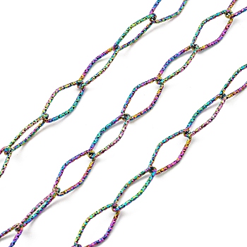 Ion Plating(IP) 304 Stainless Steel Textured Horse Eye Link Chains, Soldered, with Spool, Rainbow Color, 15x7x1mm, about 16.40 Feet(5m)/Roll