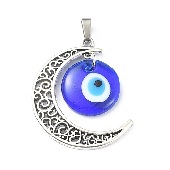Alloy Moon Pendants, with Lampwork Evil Eye, Antique Silver & Stainless Steel Color, 41x35x4.5mm, Hole: 7.5x4mm